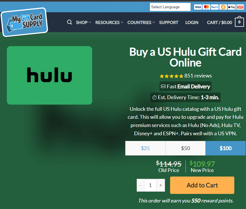 Pay for Hulu gift card