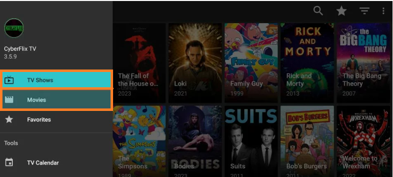 Movies or TV shows Cyberflix app