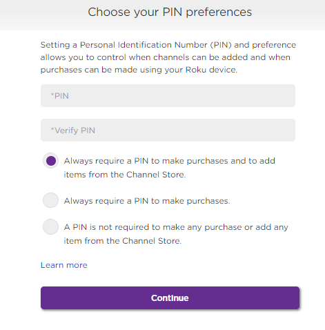 Choose a pin for Roku account