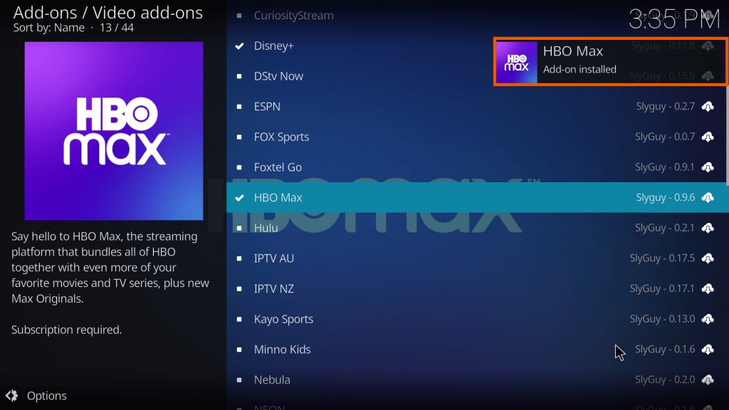 HBO Max Kodi addon installed