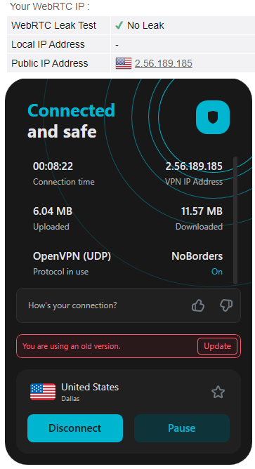 Surfshark WebRTC leak test Dallas US server