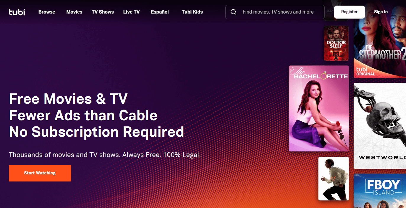 Tubi TV Home Page