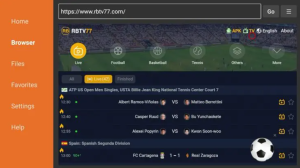 Screenshot of RBTV77 sports streaming interface accessed through a browser, showing live match updates for tennis matches. Features include live, football, basketball, and tennis categories with an orange sidebar menu for navigation, including options for Home, Browser, Files, Favorites, Settings, and Help.