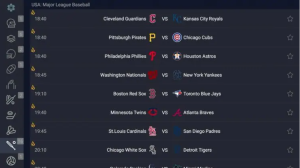 Screenshot of RBTV77 sports streaming platform displaying a schedule of Major League Baseball (MLB) games. The interface includes a sidebar with icons for navigation and live match updates.